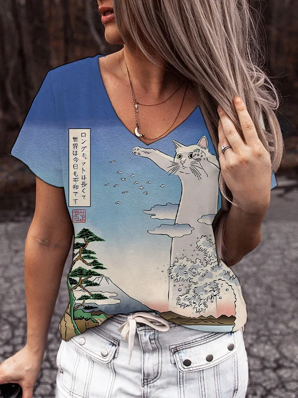 Women's Sea Wave Long Cat World Peace Print Casual T-Shirt