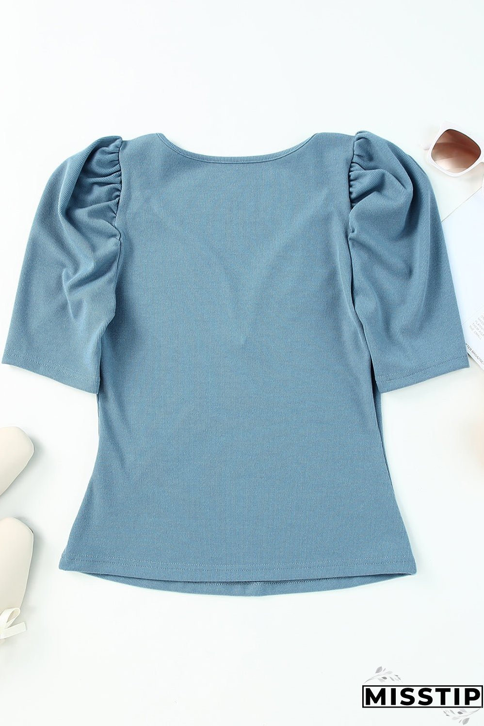 Ribbed Knit Ruched Sleeve Top