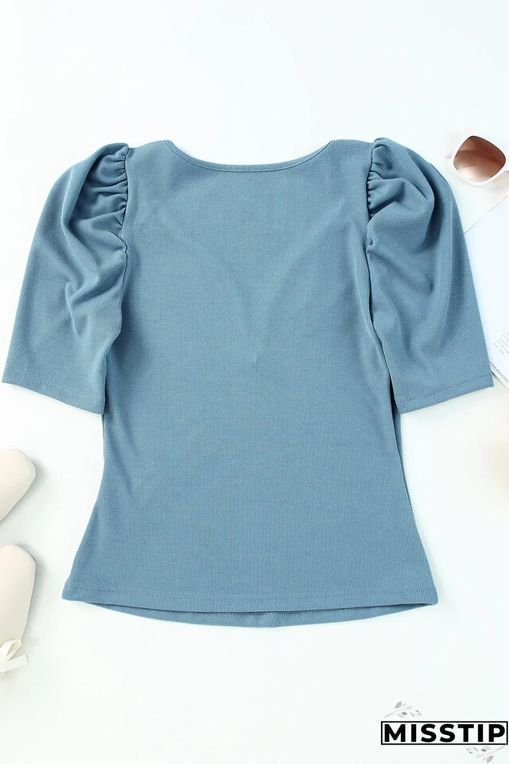 Ribbed Knit Ruched Sleeve Top