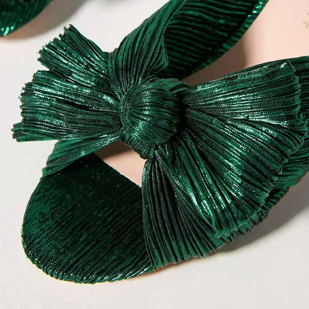 Fresh Green Open Toe Wrinkled Women's Block Heeled Sandals with Bow