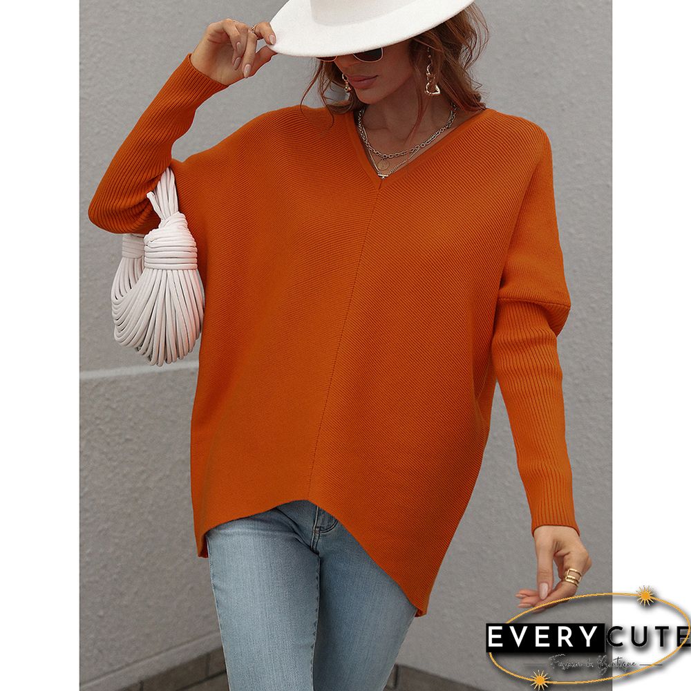 Orange V-neckline High Low Knit Sweater