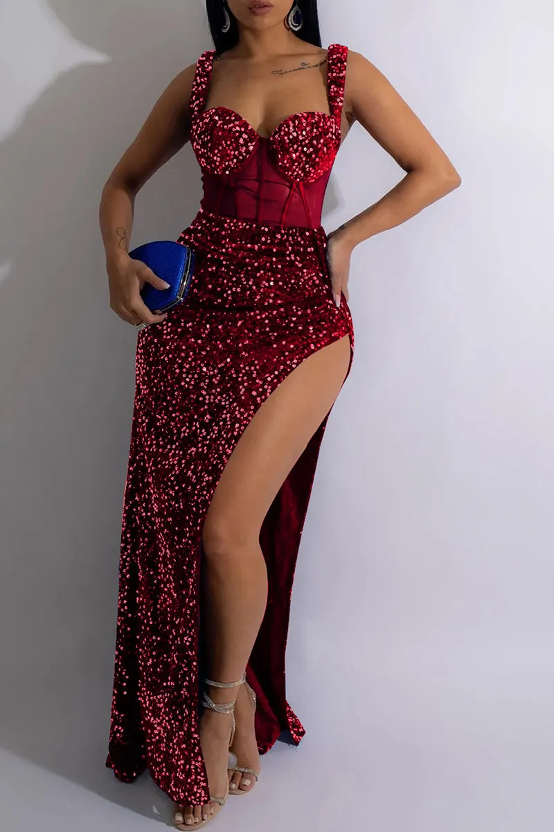 Sexy Casual Patchwork Backless Slit Spaghetti Strap Long Dresses main image 0