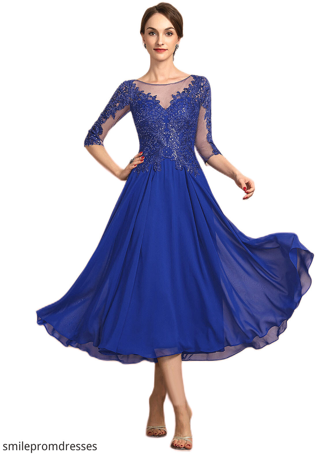Leyla A-Line Scoop Neck Tea-Length Chiffon Lace Mother of the Bride ...