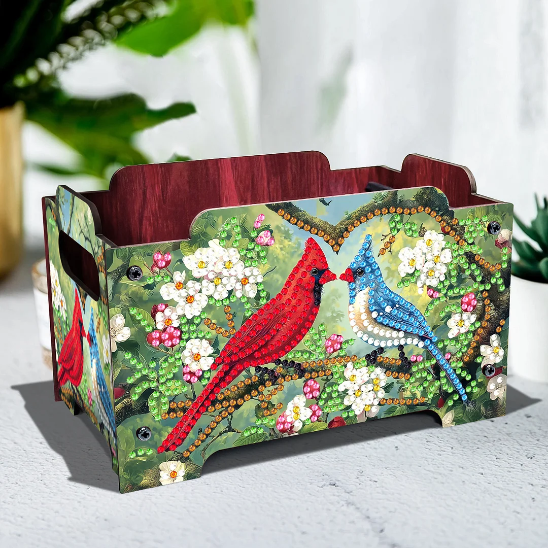 5D DIY Diamond Painting Decorative Storage Box Wood Storage Clutch (Cardinal)