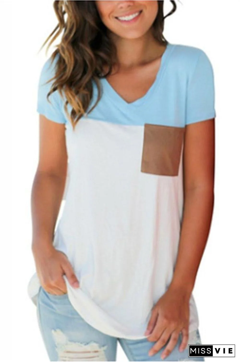 Mixed Color Pocket V Neck Top