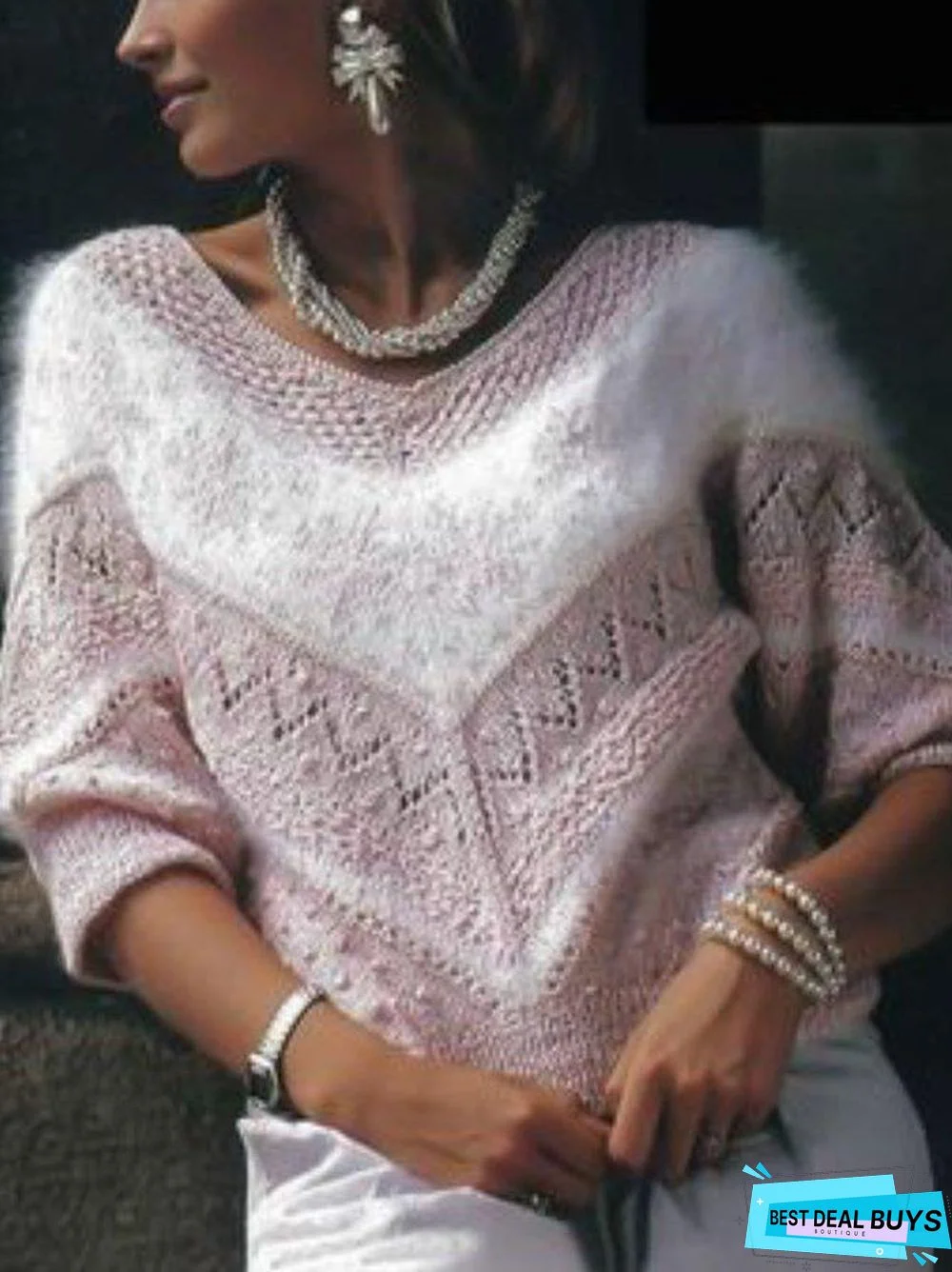 V Neck Plain Color-Block Casual Sweater