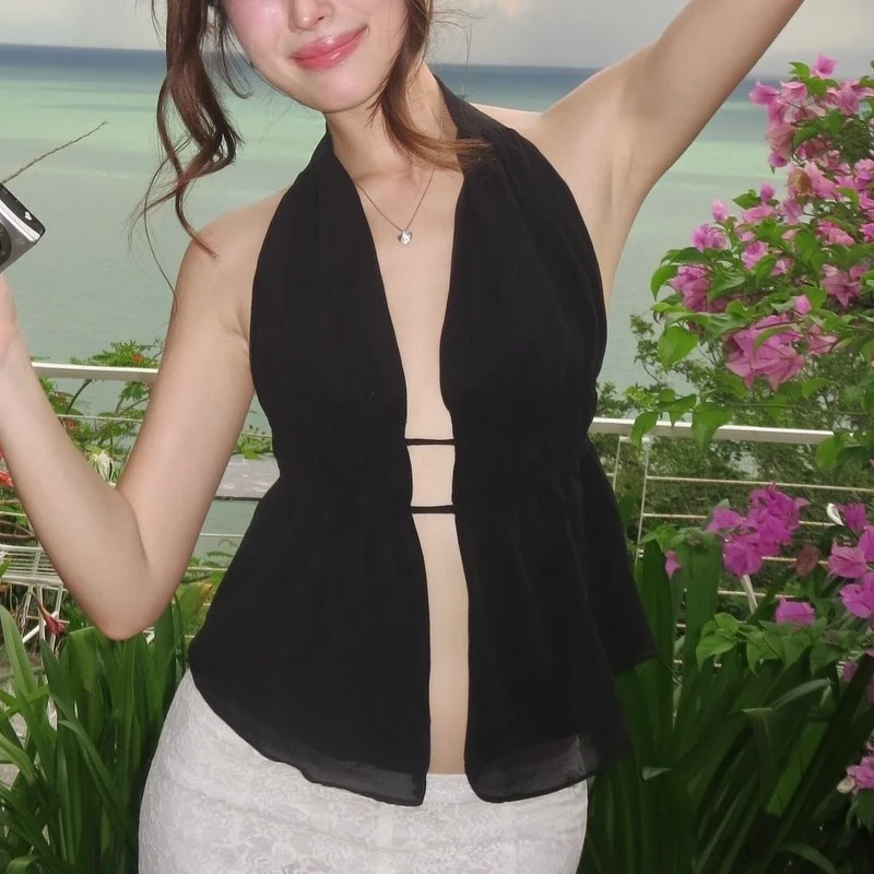 Uveng Uveng Women's Wear 2024 Summer New Fashion Sexy Solid Color Back Strap Hollow Out Slim Neck Top