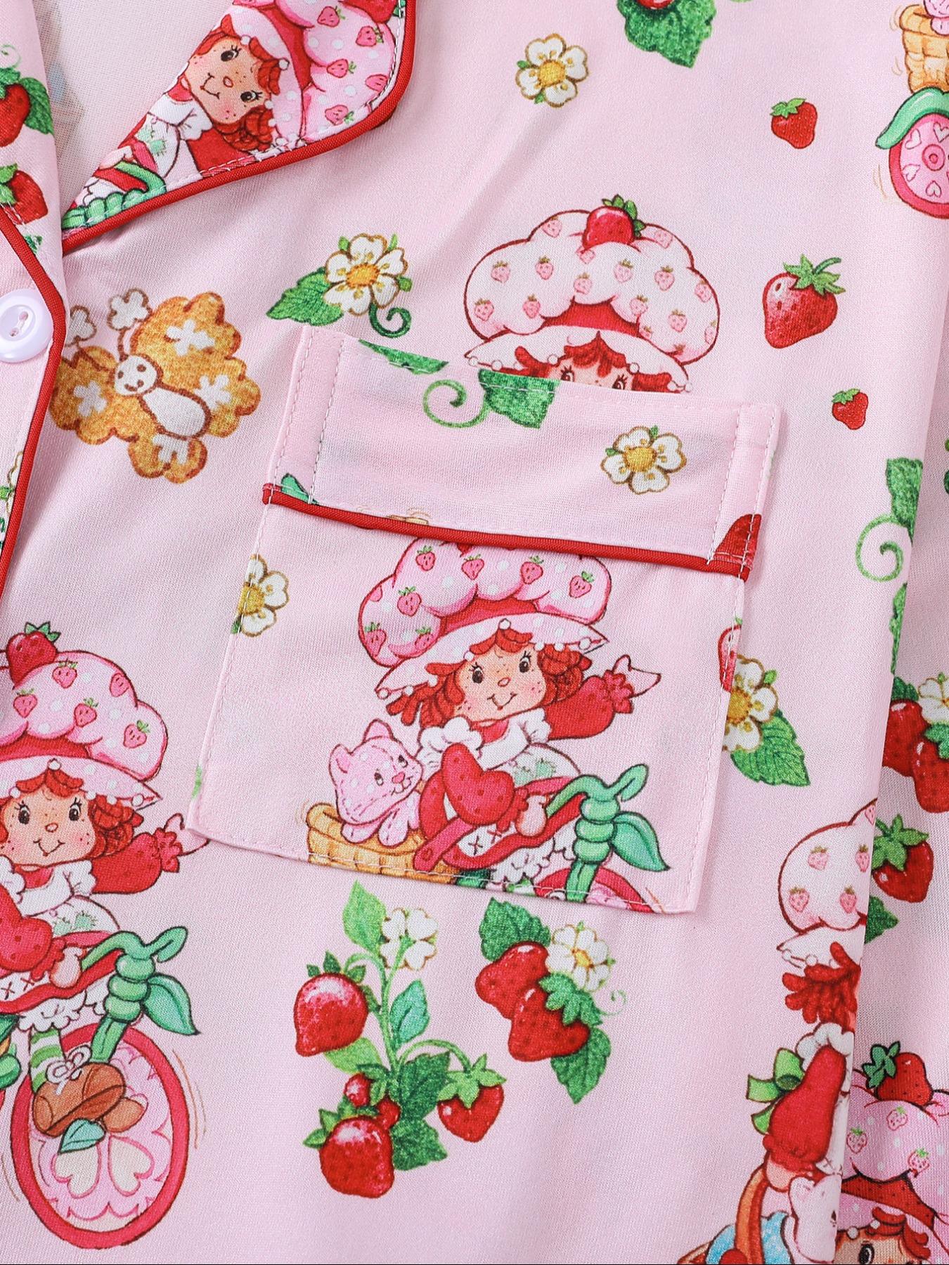 Women's Cute Strawberry Pattern Print Sleepwear Set, Long-Sleeve Button-Up Top & Elastic-Waist Pants, Casual Fall Winter Pajamas Pjs, Comfortable Home Wear Loungewear