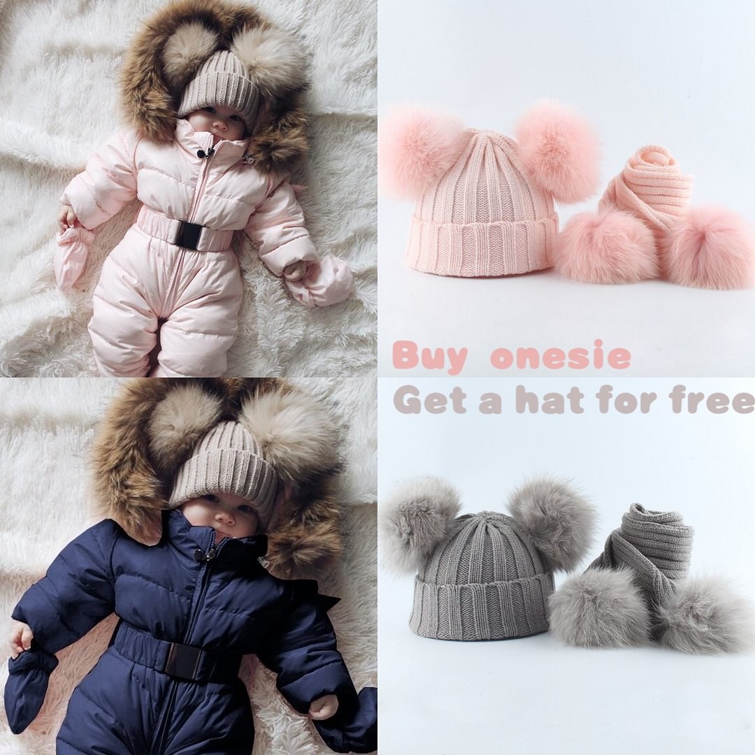 Baby Rompers Boys Girls Clothes Warm Collar Down Jackets + Free pompom hat