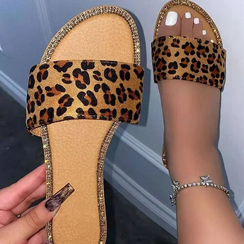 2021 Women Leopard Slippers Ladies Glitter Crystal Casual Flat Female Open Toe Slides Women's Snake Summer Shoes Plus Size