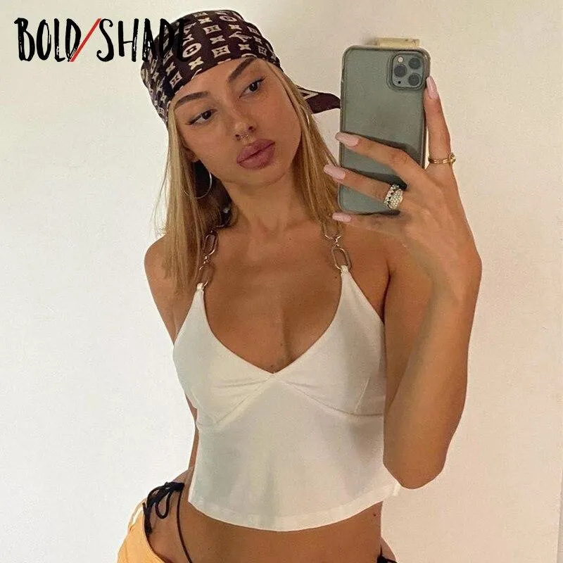 Bold Shade 2000s Vintage E-girl Chain Halter Tops Sexy Backless V Neck Indie Clothes Aesthetic Camis Women Party Club Strap Tank
