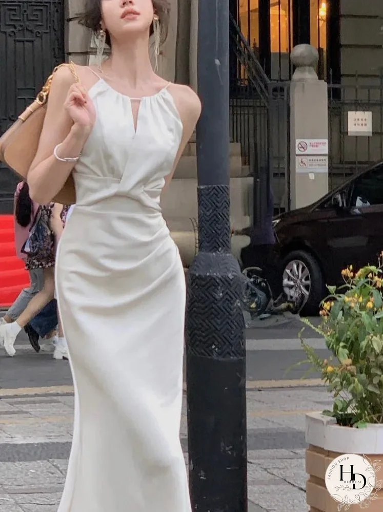 Joskka Summer Elegant Sleeveless Midi Dress Women French Even Party Pure Color Dress Office Lady Slim Bodycon Dress Korean