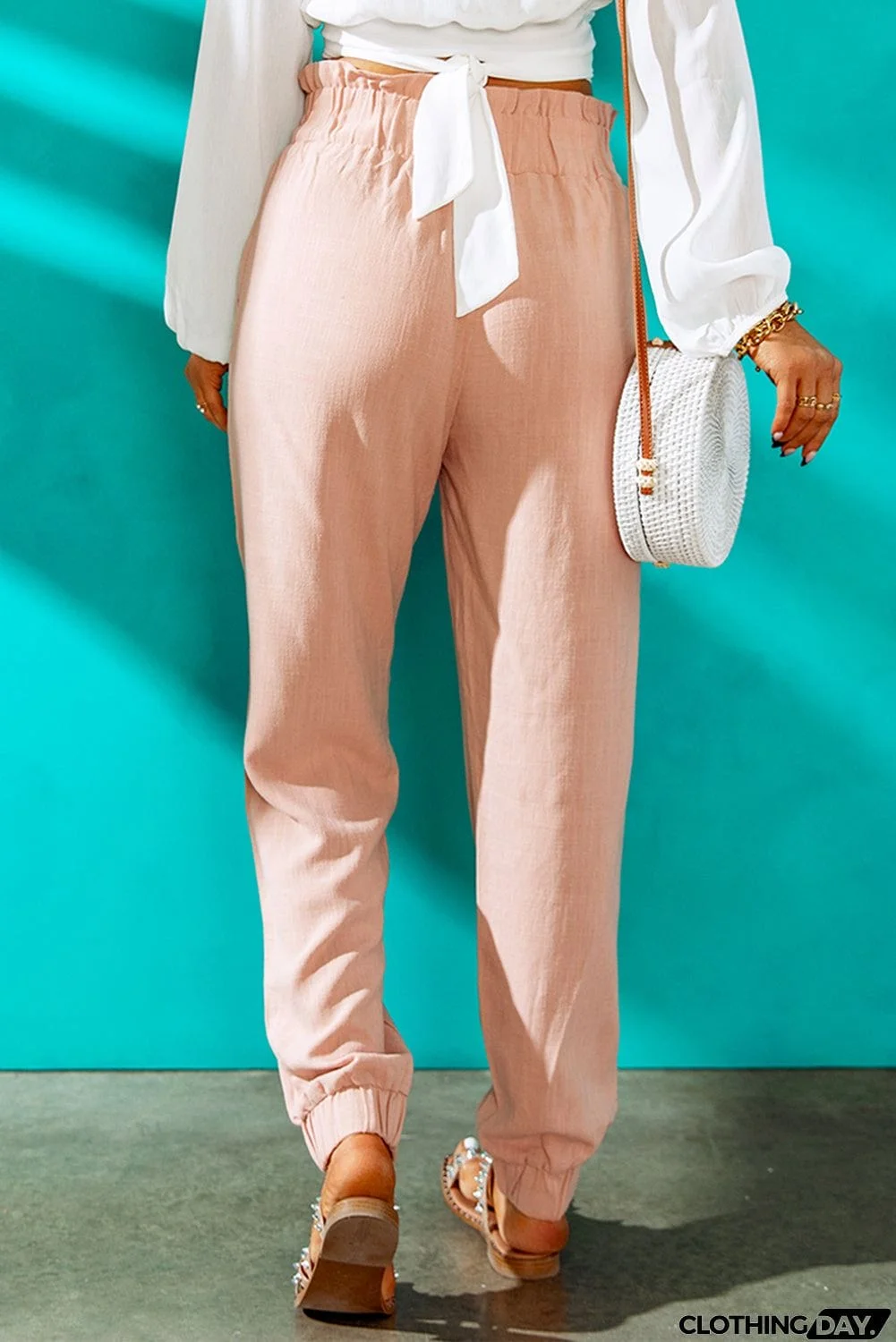 Ruffled Elastic Waistband High Waist Pants