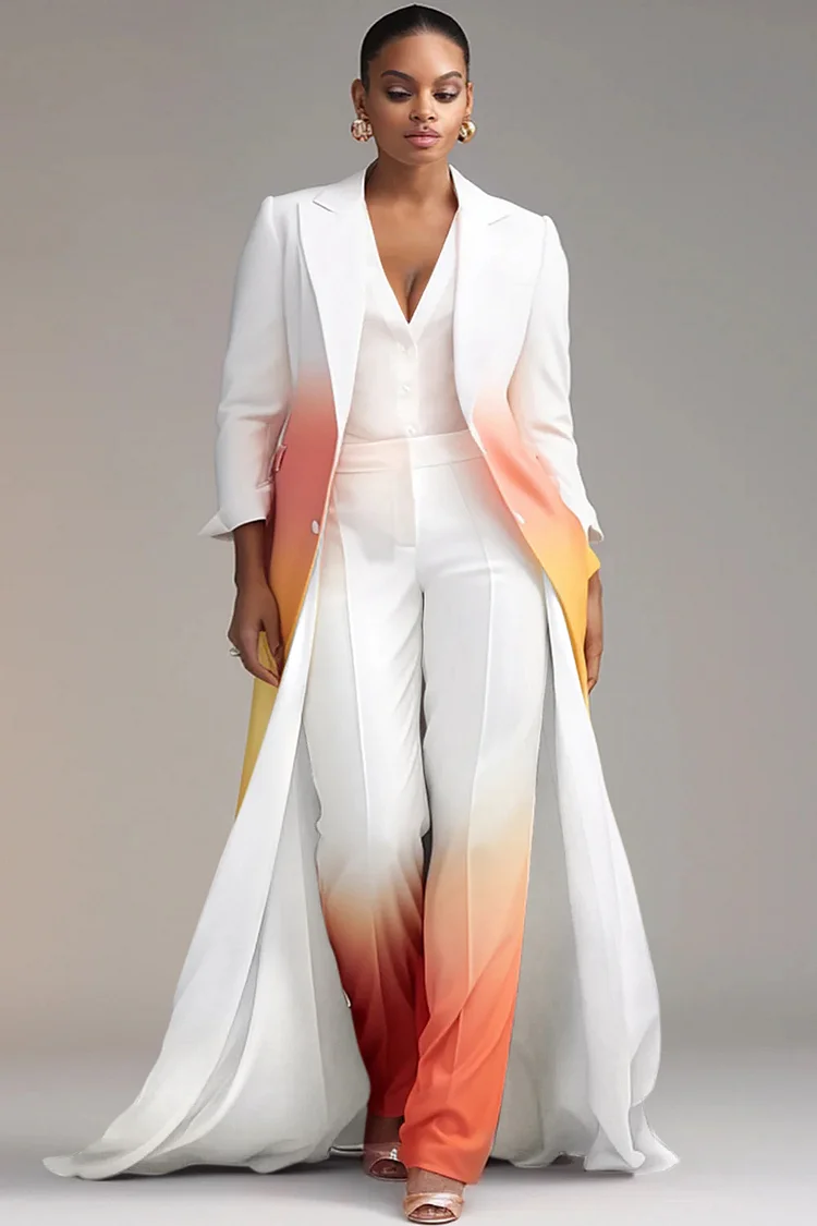 Xpluswear Design Plus Size Formal Elegant White Gradient Lapel Collar Long Sleeve Cardigans Two Piece Pant Suits 