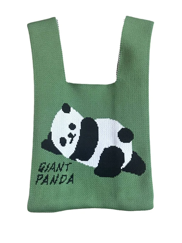 Panda-Patterned Woven Handbag Bags