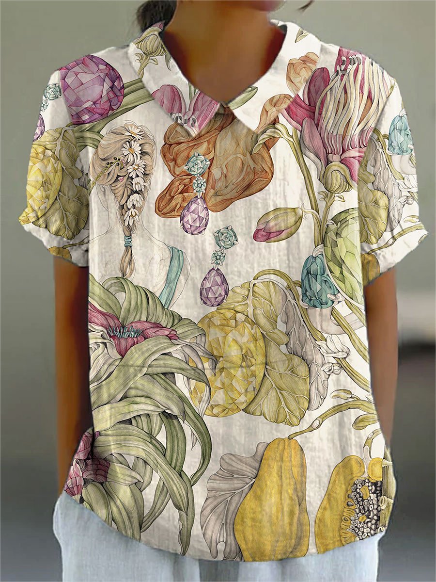 Women's Vintage Flower Print Casual Cotton And Linen Shirt