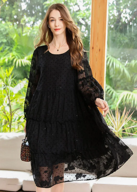 French Black Embroideried Ruffled Hollow Out Chiffon Dresses Spring