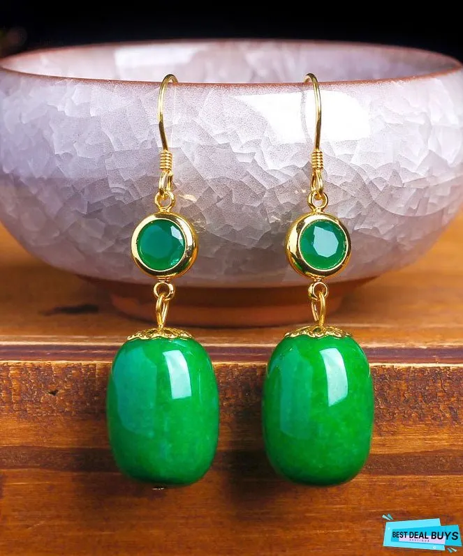 Unique Sterling Silver Overgild Dry Green Jade Drop Earrings