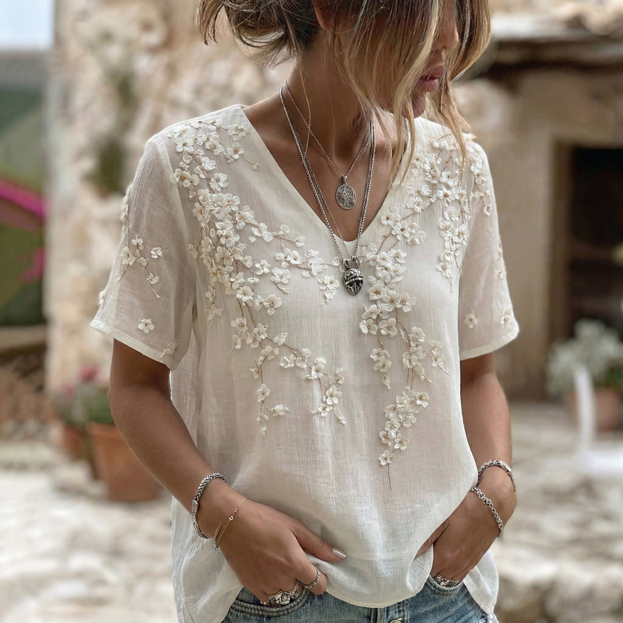 Women's Vintage Floral Art V Neck Short Sleeve Linen Blend T-shirt elevenforest