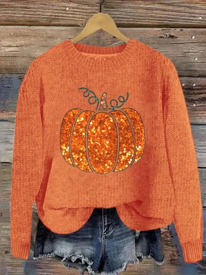 Women's Sequin Pumpkin Print Sweater 