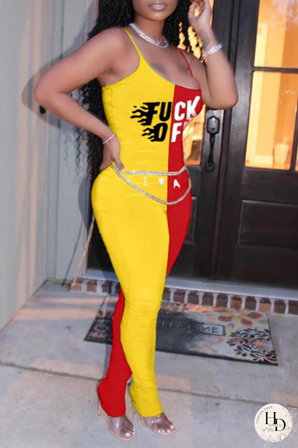 Yellow Purple Fashion Sexy Letter Print Split Joint Backless Fold O Neck Skinny Jumpsuits