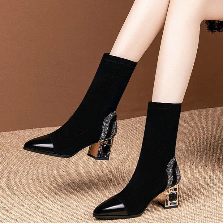 comemore Short Sock Boots Woman high Boot Elastic Fabric Rhinestone Square mid Heel Women's Winter Shoes Black Female footwear