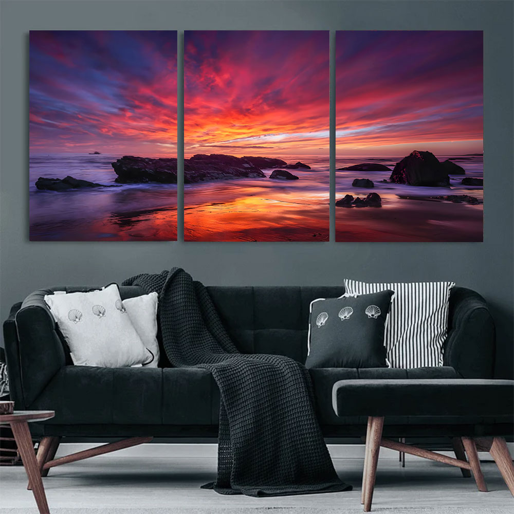 3-Piece Set Purple Red Sunset Rocky Coast Canvas Art