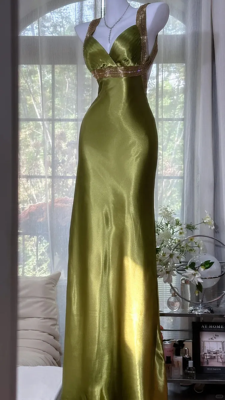Green long exquisite vintage long satin prom dress 