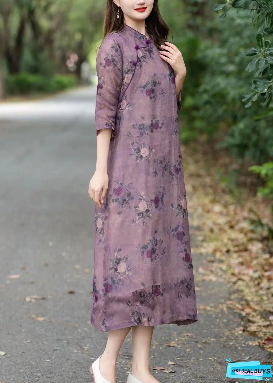 Vintage Purple Stand Collar Print Patchwork Linen Dress Summer