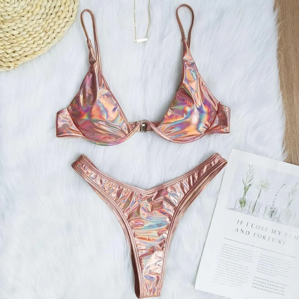 Blue Micro Bikini set 2021 Push up Swimsuit Female Shiny Bikinis Underwire Swimwear Women Two piece set bathing suit