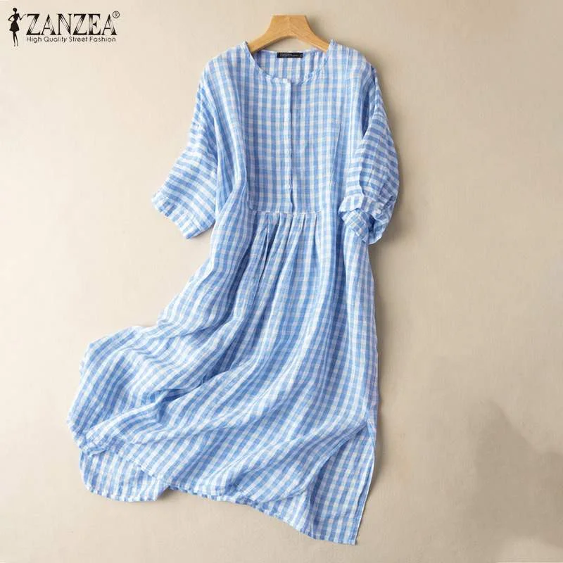 2022 ZANZEA Women Vintage Plaid Dresses Vestidos Summer Puff Sleeve Midi Dress Sundress Casual A-line Baggy Oversized Robe Femme