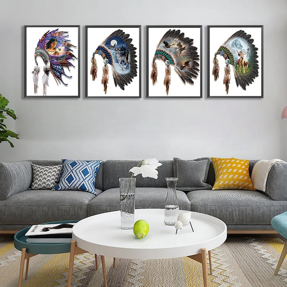 4pcs/Set Diamond Painting - Full Round Drill - Indian Headdress(Canvas|30*40cm)