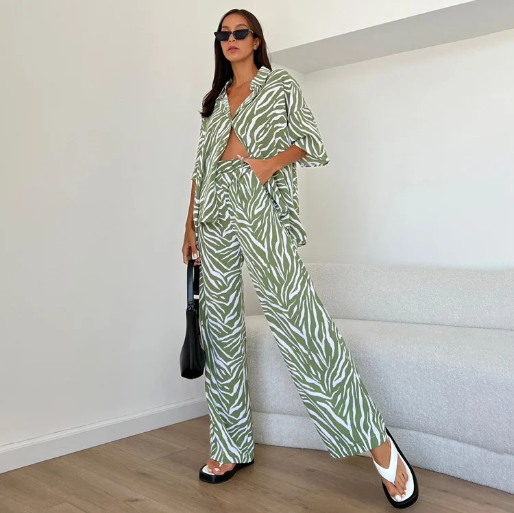 Churchf Churchf Satin Zebra Striped Suit Female 2023 Summer Short Sleeve Shirt High Waist Trousers Two-Piece Set