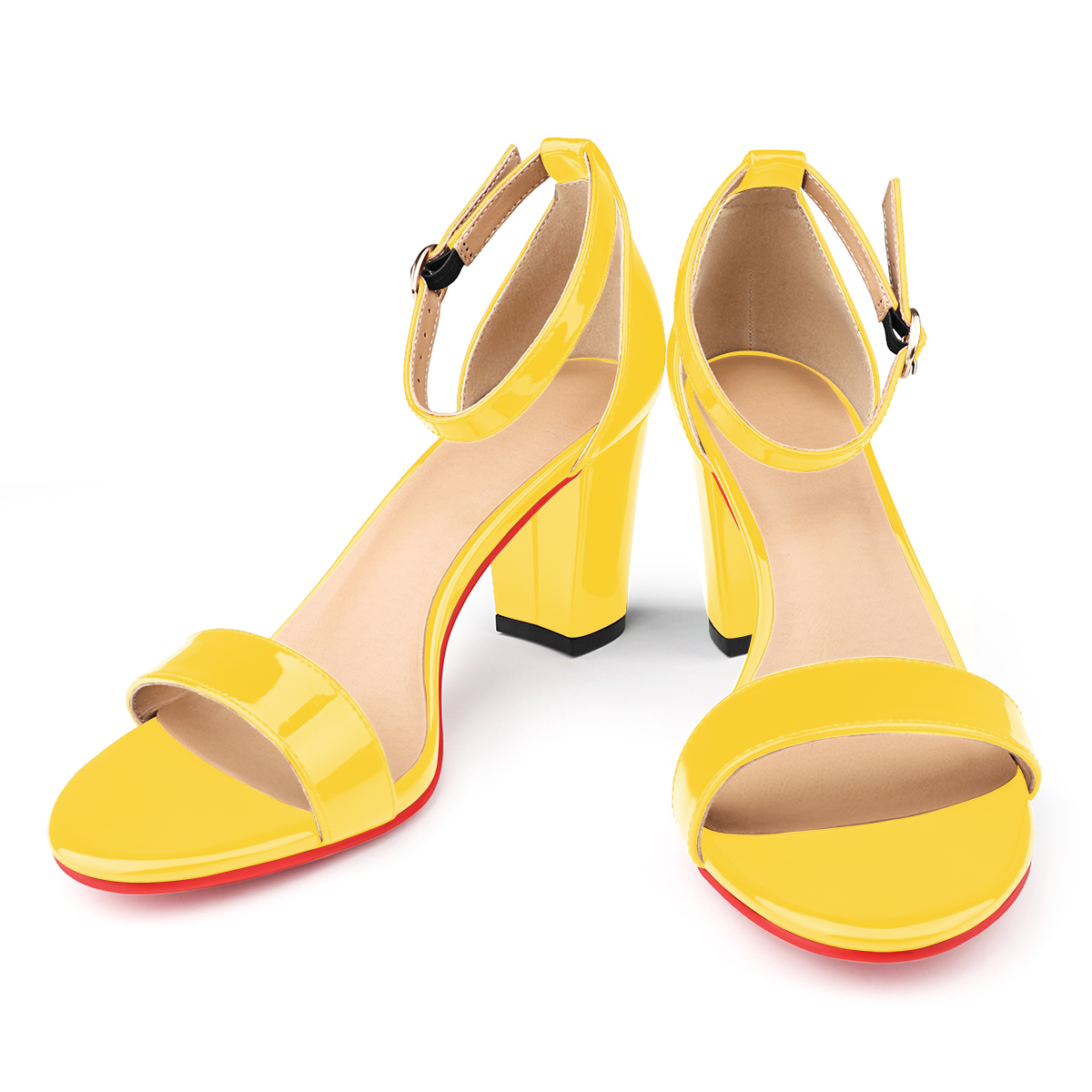 90mm Women's Chunky Heel Sandals Red Bottom High Heels Open Toe Ankle Strap Shoes-MERUMOTE