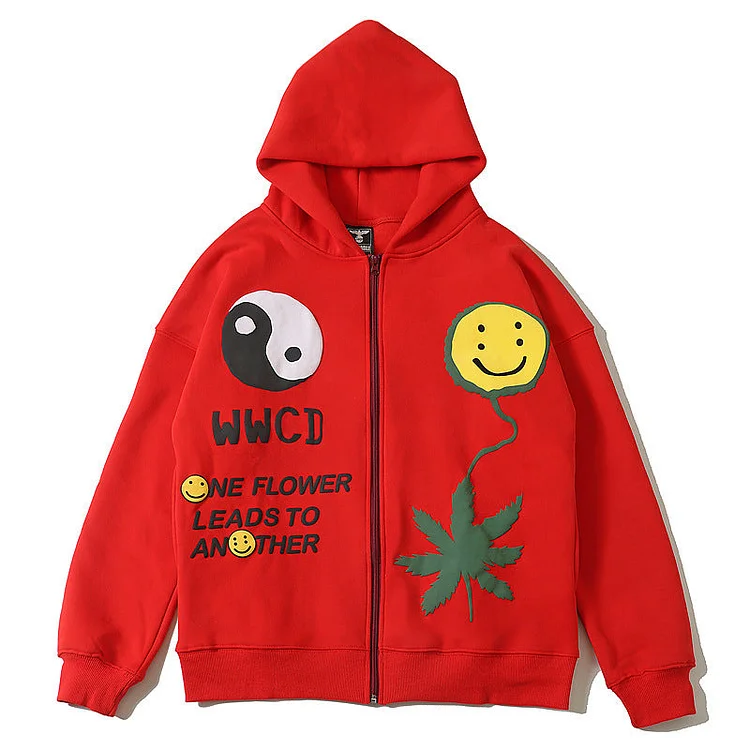 Kanye West Hoodie Kanye Coconut Big Talker Cpfm Fei Dong Smiley Face Puff Print Cardigan Zipper Hooded Hoodie Men