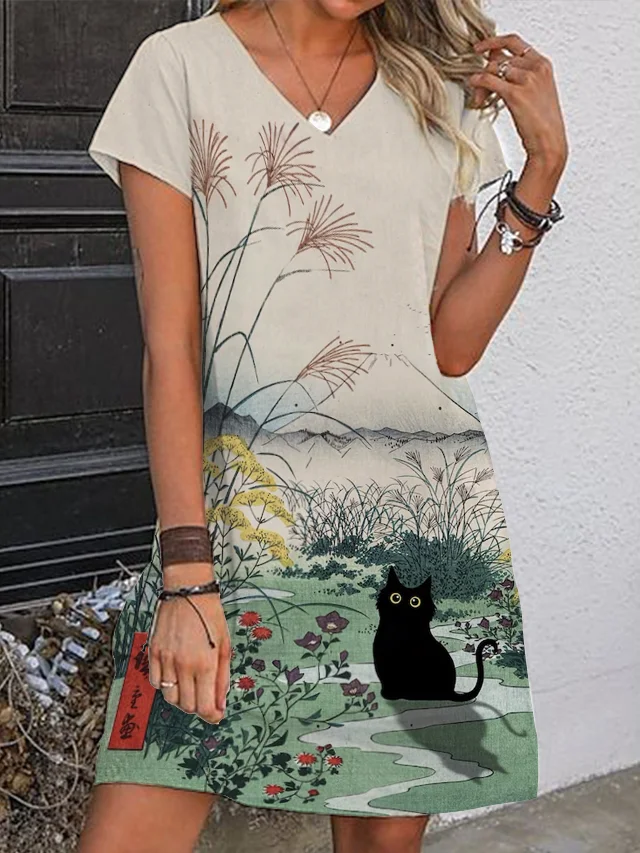 Women's Japanese Cat Print Edo Period Mount Fuji Art Vintage V-Neck Dress