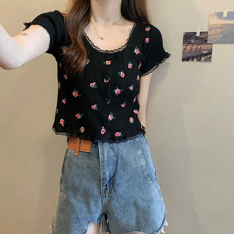 Uveng Uveng Bubble BM Broken Flower T-Shirt New Short Ins Lace Korean Version Sweet Renoval Sweet Sleeve T-Shirt