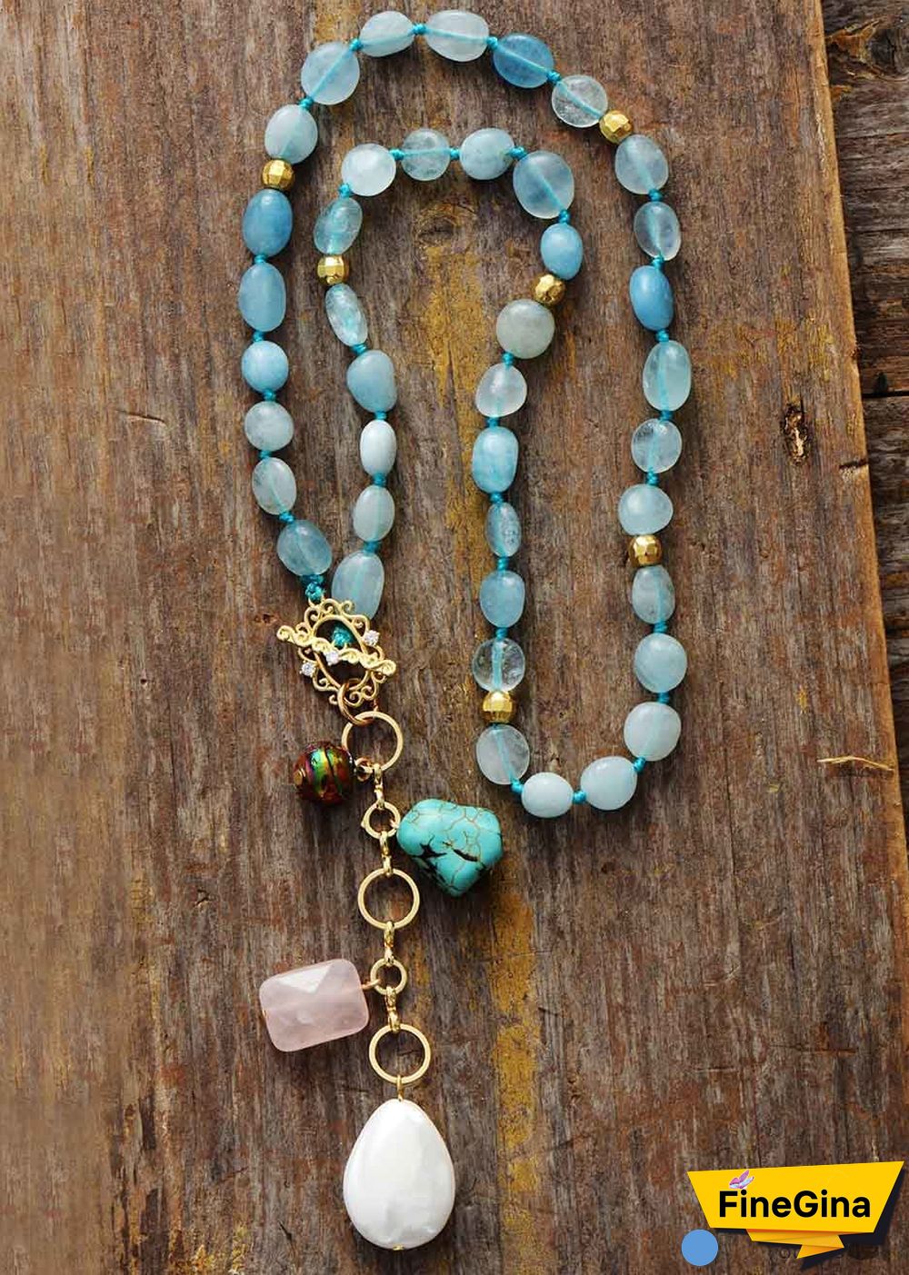 Boho Necklace, Mala Necklace,Blue Aquamarine, Rose Charm, Elegant Lariat