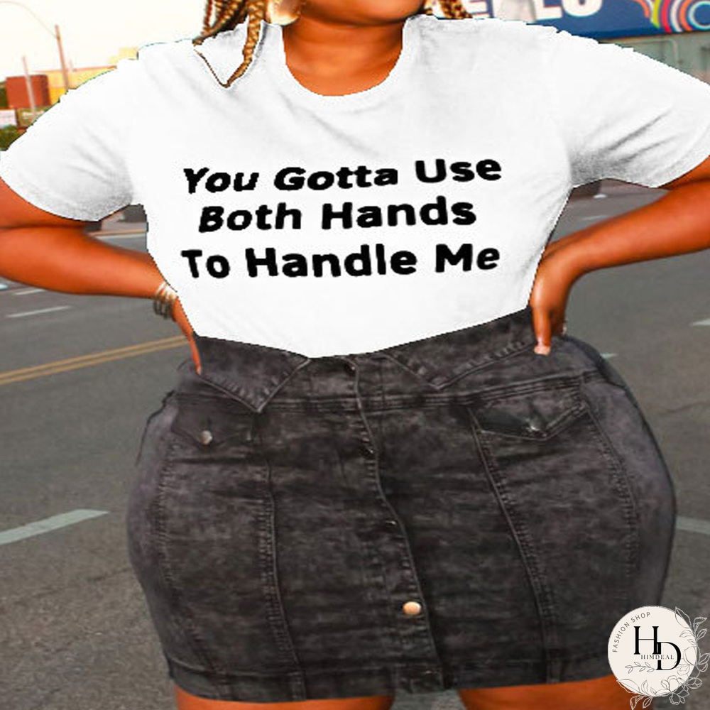 White Sexy Print Letter O Neck Plus Size Tops