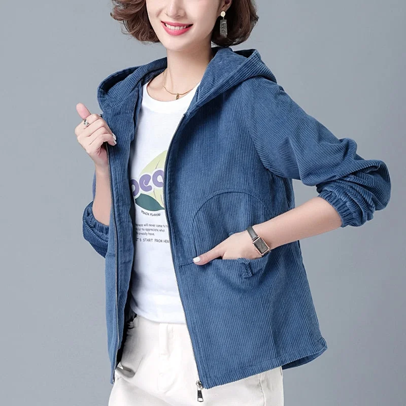Zoki Autumn Women Corduroy Jacket Fashion Hooded Zipper Loose Female Coat Causal Plus Size Korean Long Sleeve Ladies Outwear