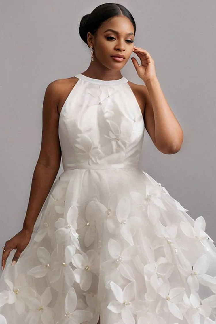 Xpluswear Design Plus Size Wedding White Sundress Halter Collar 3D Midi Dresses [Pre-Order]