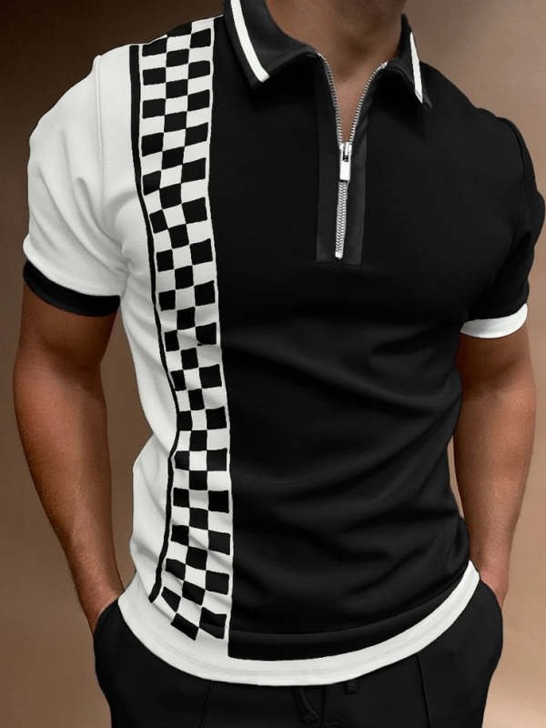 Men's Black and White Check Print Short Sleeve Polo T-Shirt