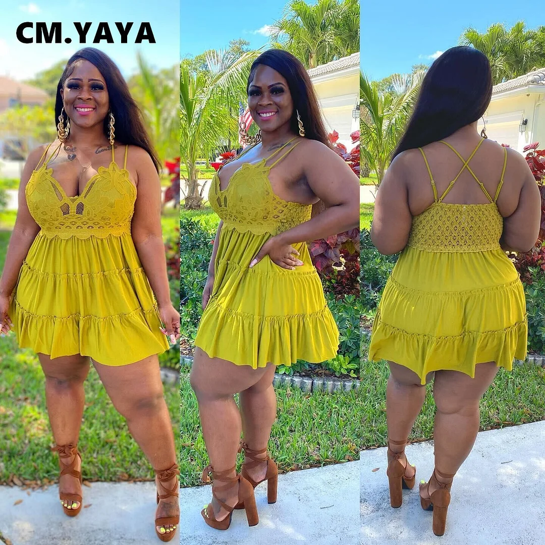 CM.YAYA Plus Size Women Lace Patchwork Spaghetti Strap V-neck Open Back Dresses 2022 Summer Beach Chic Cascading Ruffles Dress