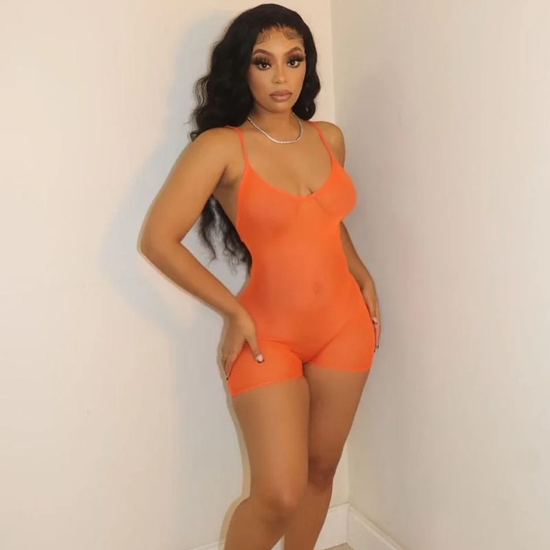 BIIKPIIK Basic Bodycon Playsuits For Women&lsquo;s Clothing Casual Solid Fitness Rompers Beach Holiday See-through Mesh Sexy Playsuit