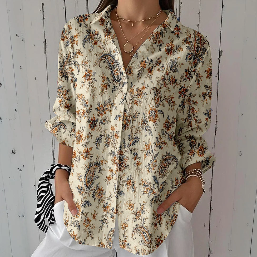 Style & Comfort for Mature Women Women Retro,  Perris,  Beige DZCL0436 3/4 Sleeve Shirt Collar Printed Button Tops