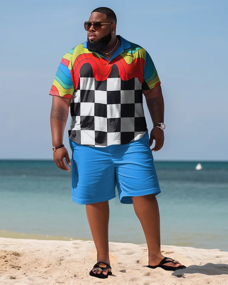 Men's Plus Size Beach Hawaiian Rainbow Checkerboard Two-Piece Set