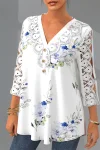 Plus Size Lace Patchwork V Neck Floral Print Blouse