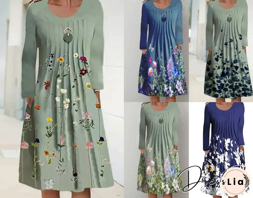 Spring/Summer Floral Print Round Neck Pullover Midi Dress Women's Long Sleeve Vintage Dress