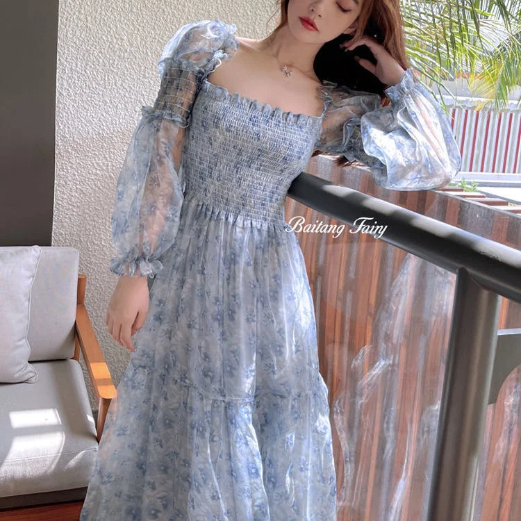 Dresses Women Mesh French New Summer Sweet Leisure Mid-calf Cozy Design Cute Lovely Print Student Long Sleeve Fashionable Purple