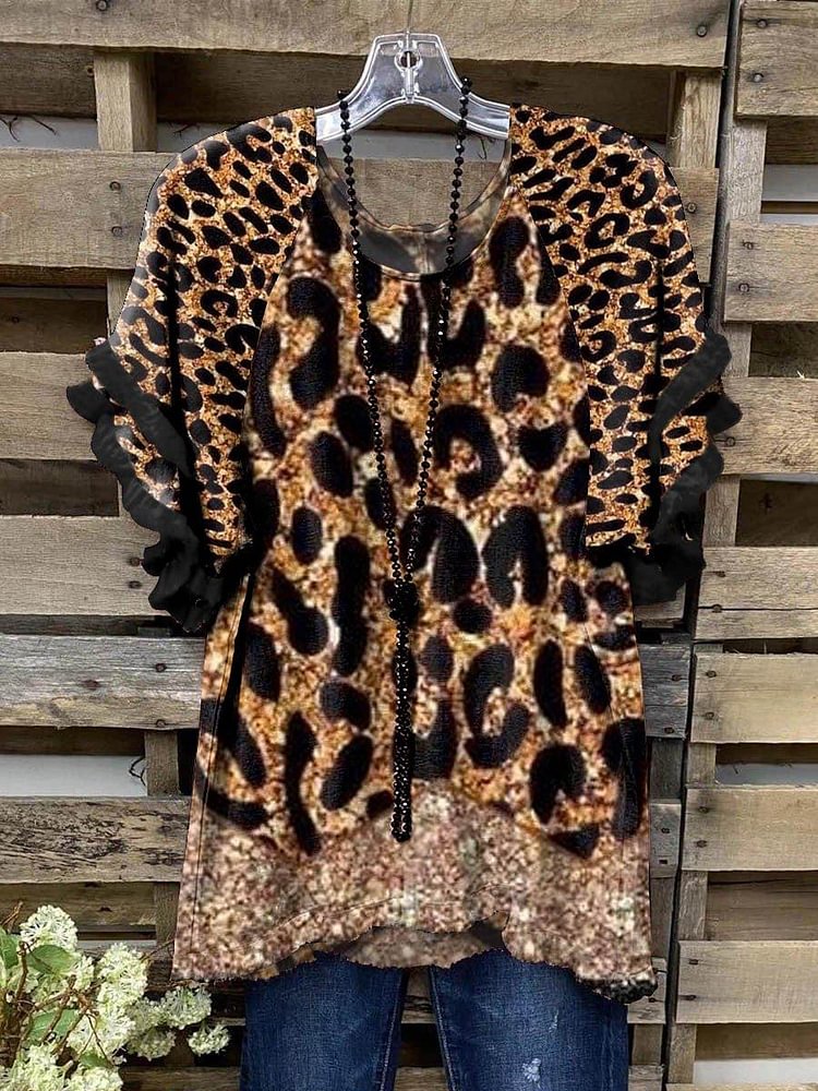 Women's Fashion Round Neck Leopard Print Everyday Short Sleeve Top
